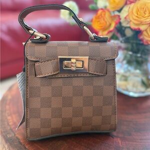 Brown Checked Top-Handle Women's Bag with Gold Tone Hardware